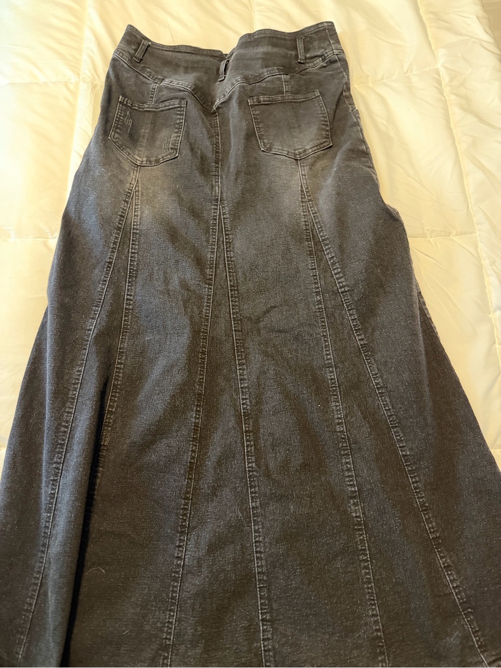 Classic Black Maxi Denim Skirt with Paneled Detail